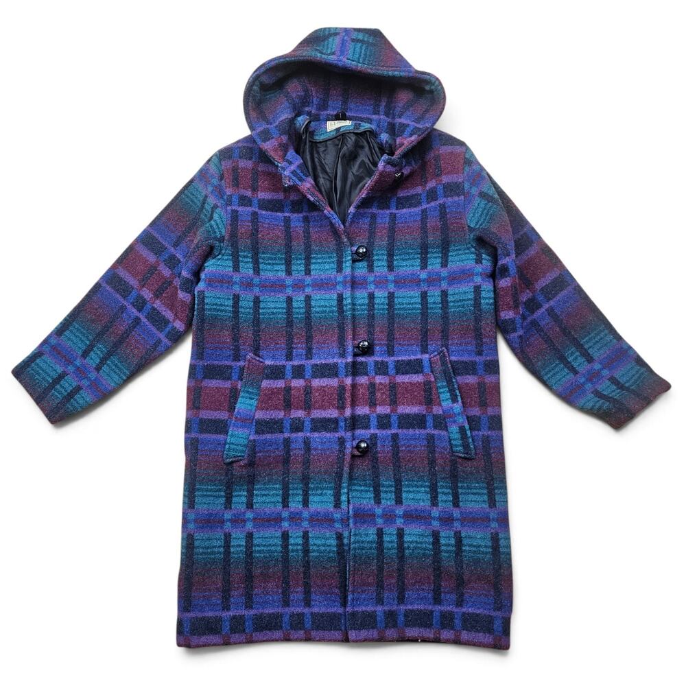 L.L.BEAN Hooded Blanket Coat Womens M VTG 80s/90s USA Heritage Retro Plaid Long